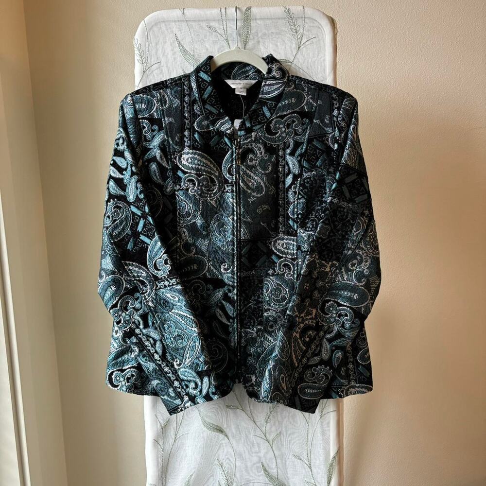 NWT Blue & Silver Tapestry Paisley Zip Up Blazer 2000s Jacket Cowgirl Western